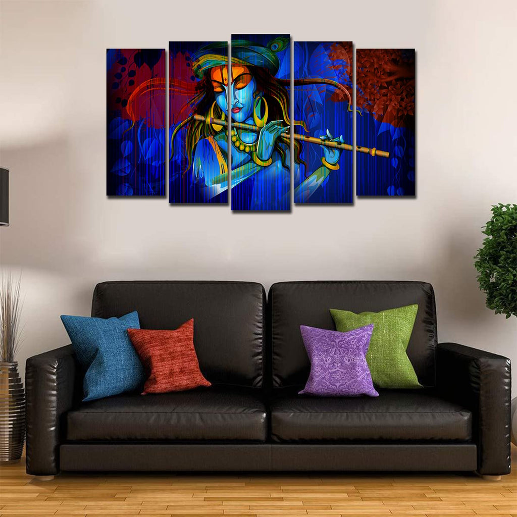 VIBECRAFTS 5 Pieces Shree Krishna Playing Flute Canvas Wall Painting For Home|Office|Living Room|Gift (PTVC5Pcs2_6508)