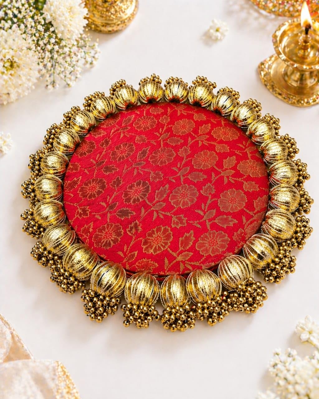 VRB Dec 1 Pcs Handmade Jhumki Platter with Gota Patii for Pooja Decor,Wedding Decoration,Festive Home Décor,Haldi Mehendi Setup,Wedding Gifting Item,Decorative Plates. (6 Inch (15 cm) Jhumki Platter)
