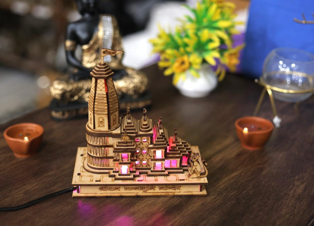 A & S VENTURES Shri Ram Mandir Ayodhya 3D Model Wooden Hand Carved Temple 6 inches Decorative Showpiece Wood Temple for Gift Replica (with Multicolour Led Lights)
