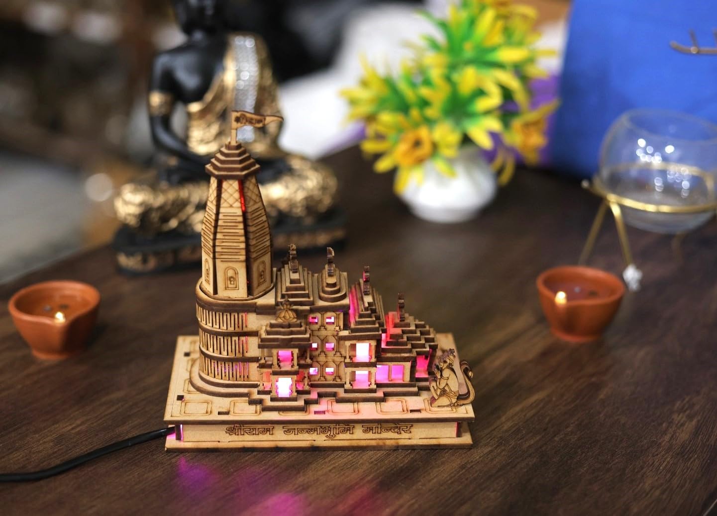 A & S VENTURES Shri Ram Mandir Ayodhya 3D Model Wooden Hand Carved Temple 6 inches Decorative Showpiece Wood Temple for Gift Replica (with Multicolour Led Lights)