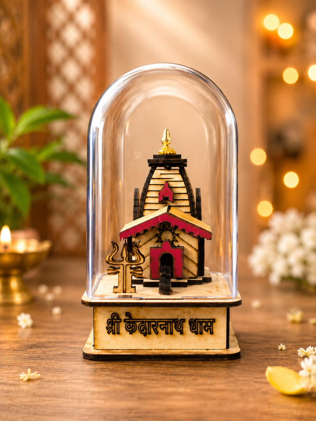 Sacred Kedarnath Dham 3D Glass Model for Home Temple & Office – Unique Wooden Showpiece of Lord Shiva Temple | Religious Gift