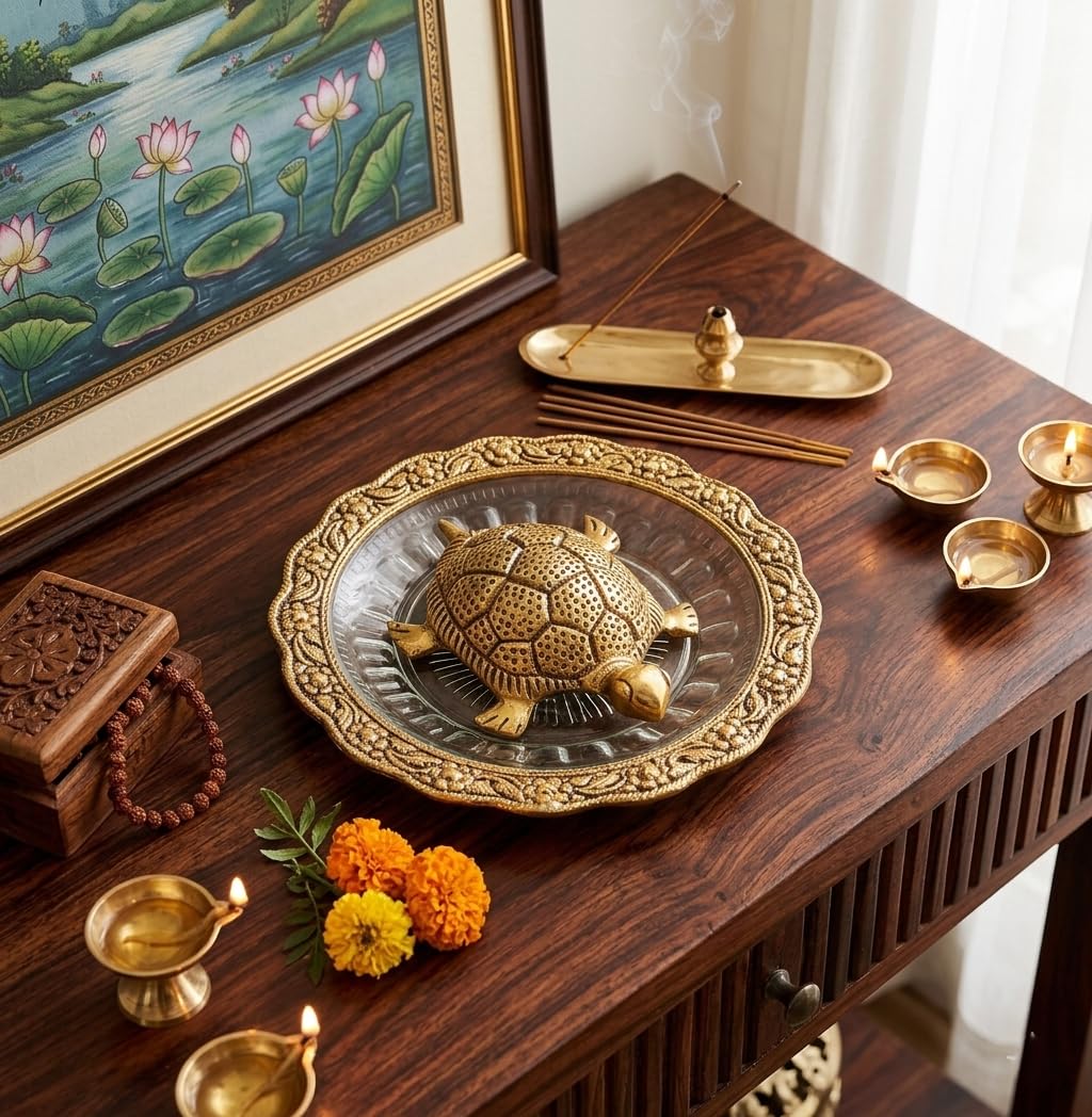 Decor And Art Metal Tortoise with Glass Plate (Gold Plated), for Good Luck & Career & Trutle Plate Yantra, Feng Shui, Vaastu (Aluminium) Decorative Showpiece -5.5 inc.