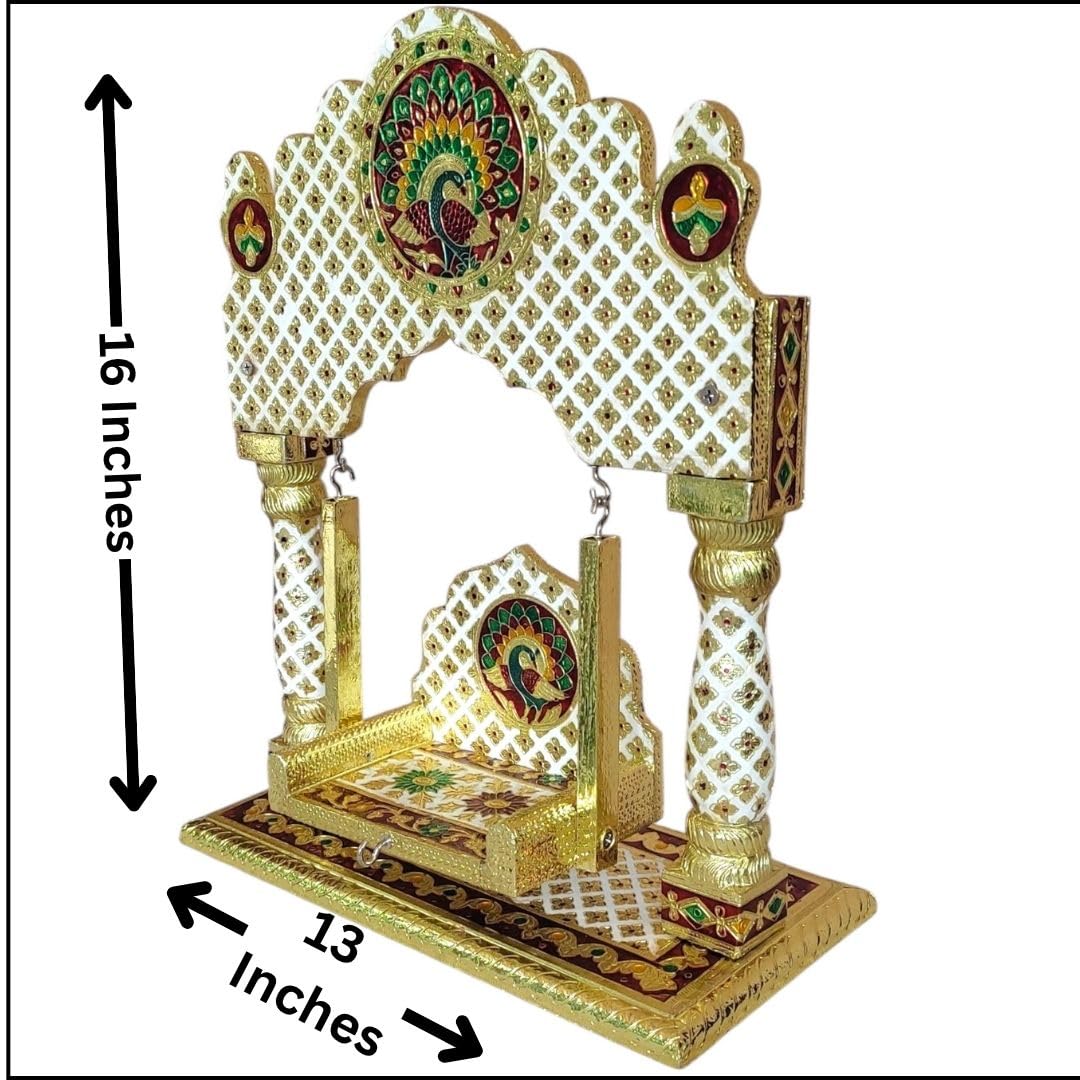 OPPILLA™ Laddu Gopal Jhula, Meenakari Hand Painted Folding Temple Jhoola, Handcrafted Home Temple Decor (White, 16 Inches x 13 Inches)