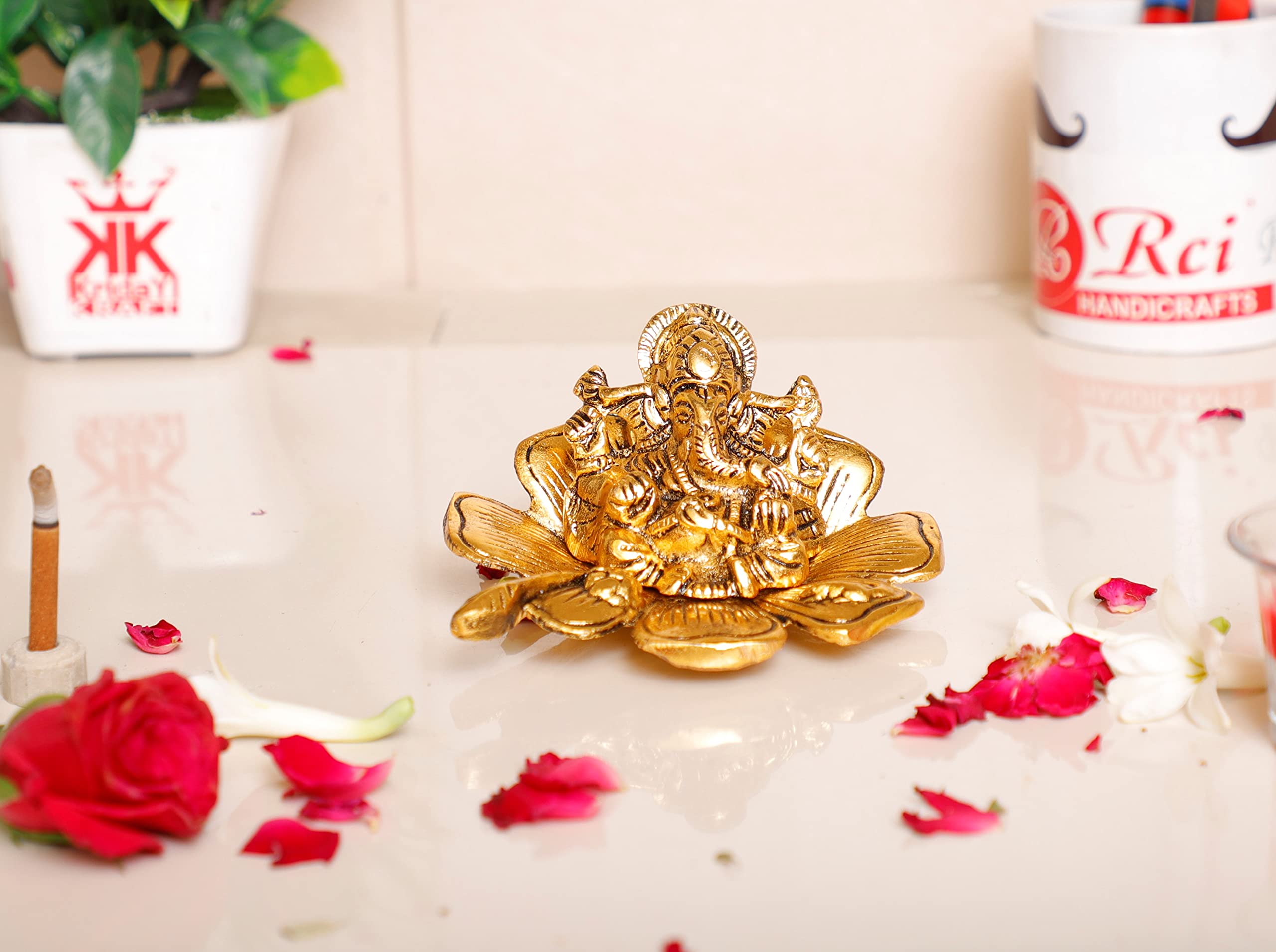 Kridaykraft Metal Ganesh Gold Polish Leaf for Home Decor and Gift Purpose(12 x12 x 8 cm)