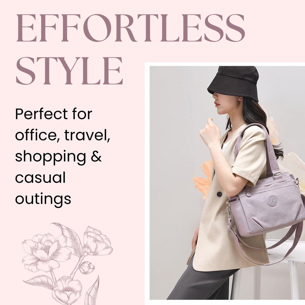 MOCA Women Nylon Tote Bag Lightweight Waterproof Handbag Large Capacity Multi Compartment Shoulder Crossbody Bag Daily Use Office Travel College Ladies Purse with Zipper (Lilac)