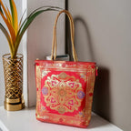 Rhaa Red Tote Bag | Banarasi Silk Embroidered | Tote Bag for Women | Perfect for Festivals, Office, Shopping, Travel & Grocery | Zipper Closure & Pockets 30x8x30 CM