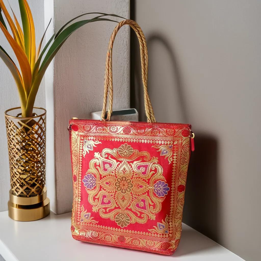 Rhaa Red Tote Bag | Banarasi Silk Embroidered | Tote Bag for Women | Perfect for Festivals, Office, Shopping, Travel & Grocery | Zipper Closure & Pockets 30x8x30 CM