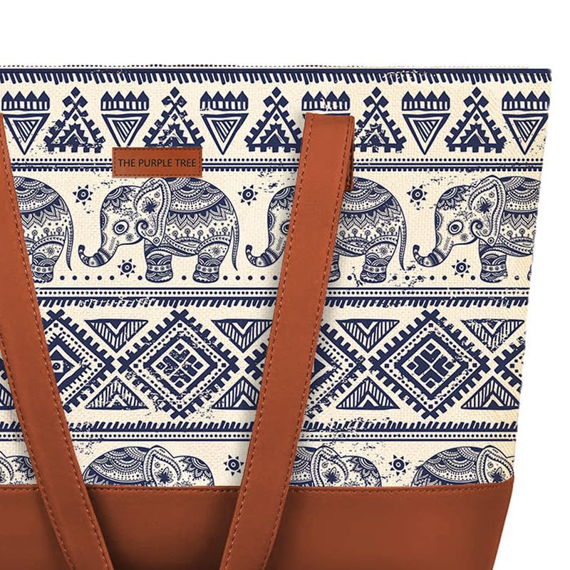The Purple Tree Women Handcrafted Tote with Vegan Leather Handles, Elephant Print Shoulder Bag for Office and College, Oversized Contemporary White