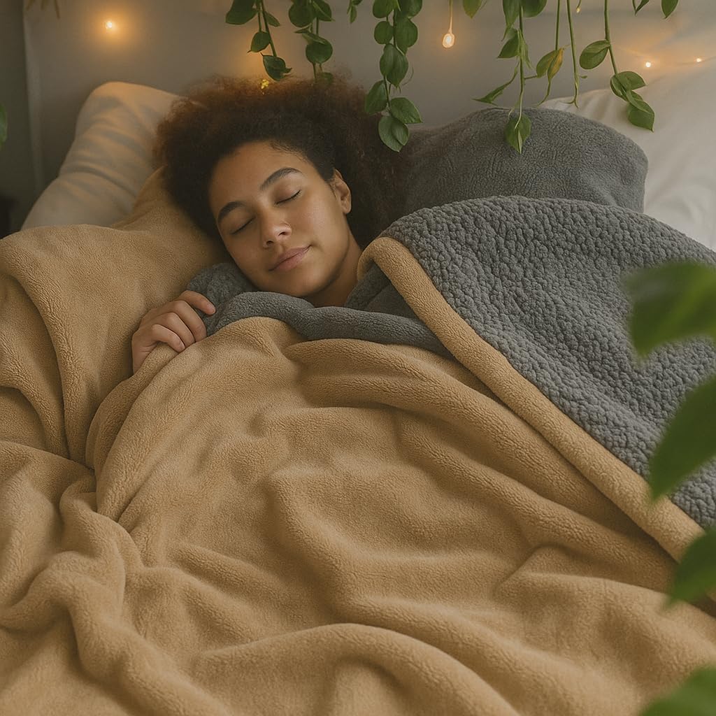 A Brand New - Umi Polyester Micromink Summer Ac/Mild Winter/Heavy Winter Sherpa Blanket Super Soft Flannel Solid/Plain, Brown & Grey, Size 220 X 228 Cms (Double), 200 TC Kafalo