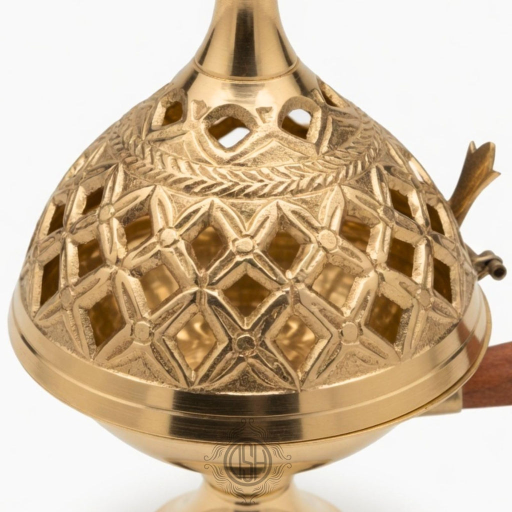 DSH Brass Incense Burner with Wooden Handle – Handcrafted Decorative Charcoal Bakhoor Burner with Lid for Home Fragrance (8.5 Inch)