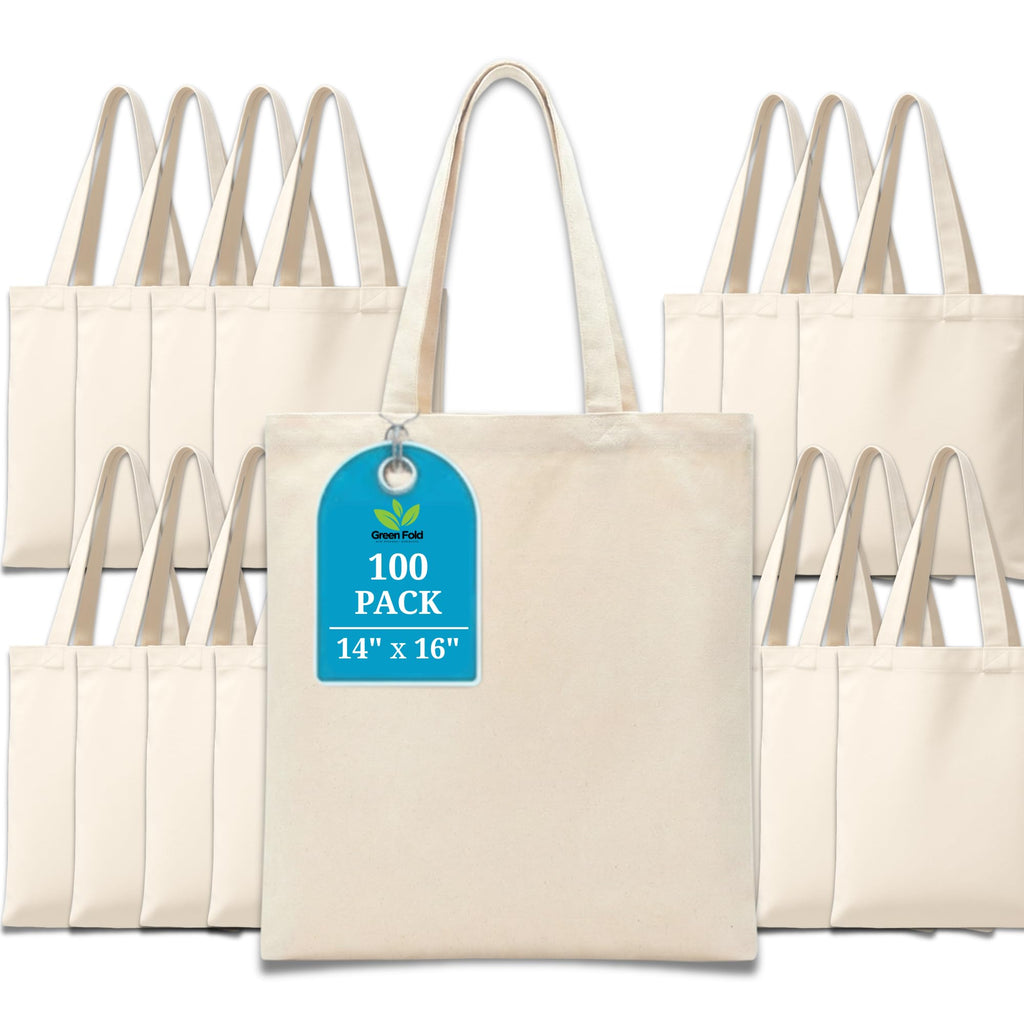 Greenfold 14x16 Inch (100 Pcs) Plain Canvas Tote Bag | 100% Organic Reusable 150 GSM Cotton Handbag for Shopping, Daily Use, Travel, Grocery, Gifting, Craft Diy, Painting, School, Office and Storage