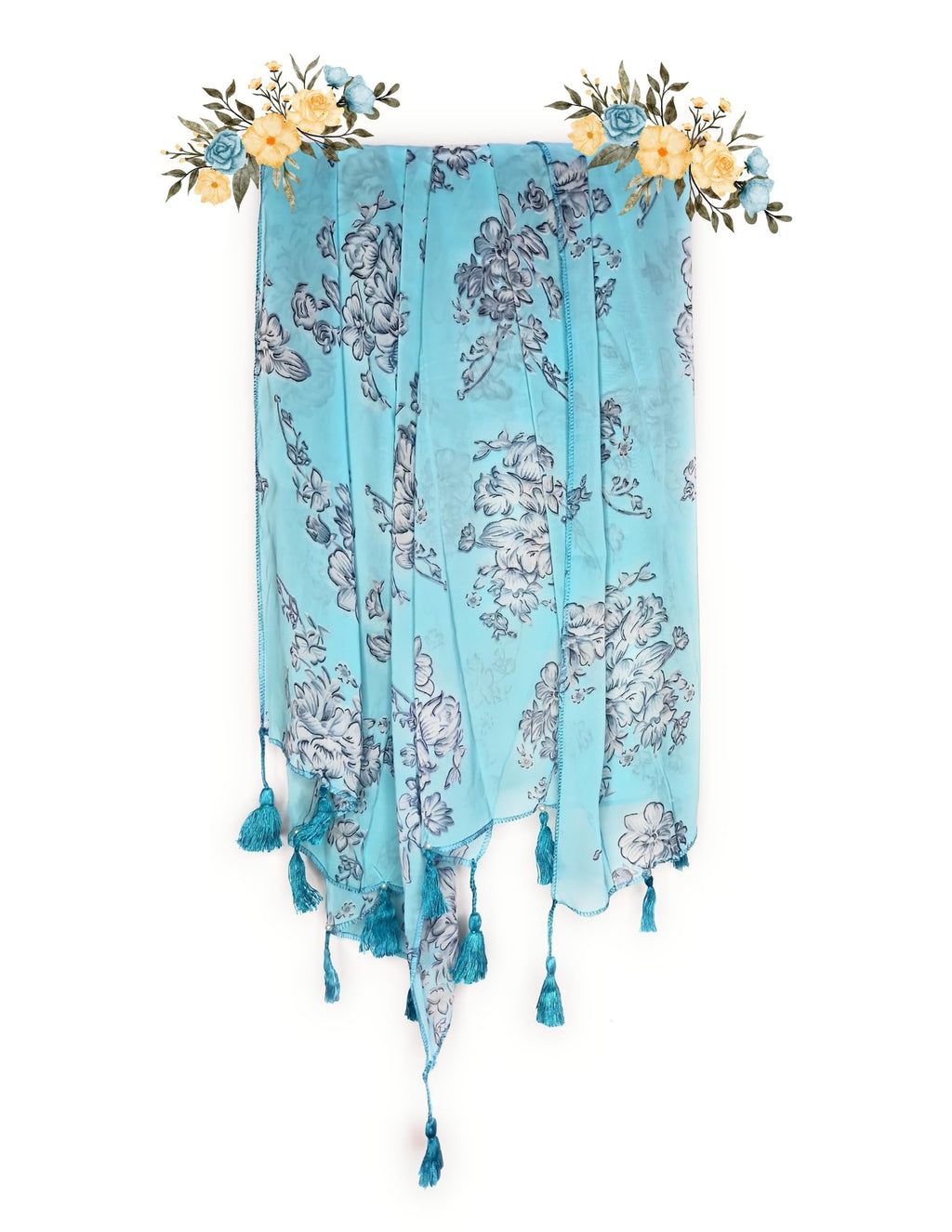 Chandwasia Fashion Floral Printed Scarf | Neck Shoulder Head Wrap Styling Dupatta Use | Polyester Chiffon Fabric Tassel Border Lightweight Soft Texture Pattern Women - Sky Blue