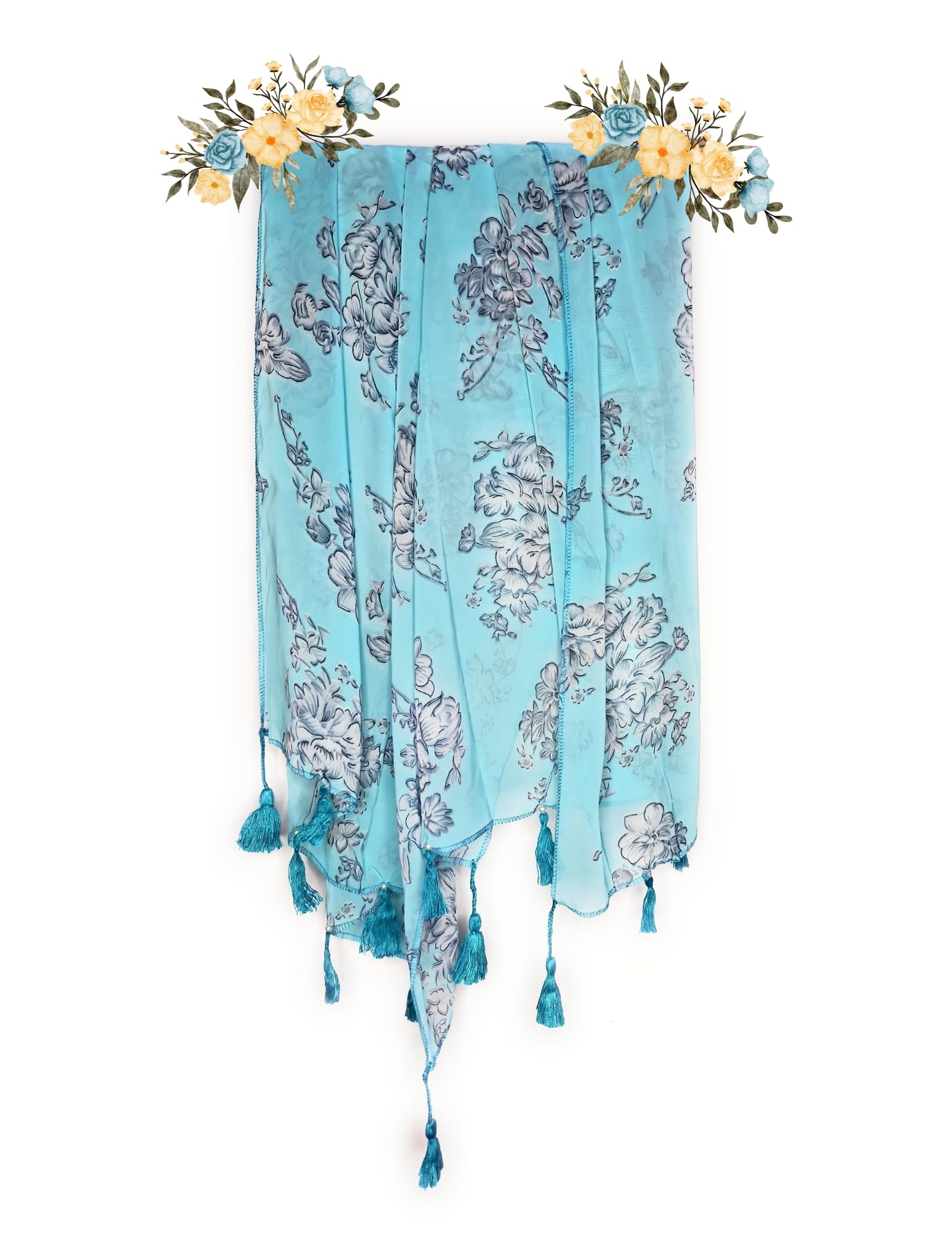 Chandwasia Fashion Floral Printed Scarf | Neck Shoulder Head Wrap Styling Dupatta Use | Polyester Chiffon Fabric Tassel Border Lightweight Soft Texture Pattern Women - Sky Blue