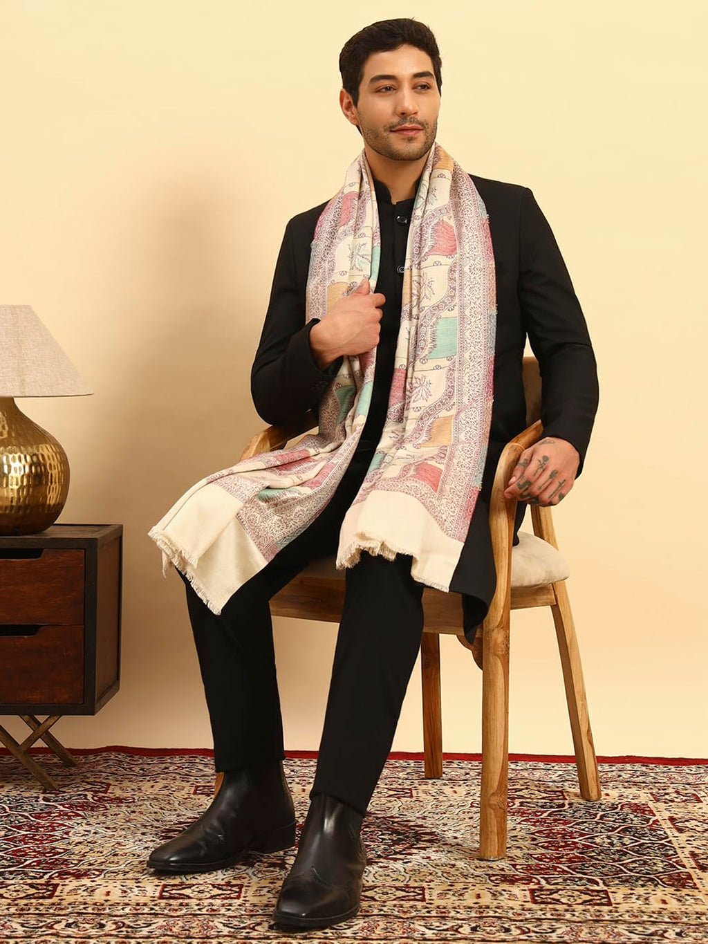 Pashmoda Men Floral Geometry Kaani Stole, Authentic Kashmiri Luxury Pashmina Style Shawl, Stole, Small Size Gents Lohi, (Size 28x80 Inches,Fawn Color) MAVST09