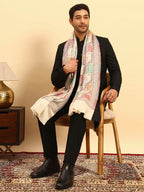 Pashmoda Men Floral Geometry Kaani Stole, Authentic Kashmiri Luxury Pashmina Style Shawl, Stole, Small Size Gents Lohi, (Size 28x80 Inches,Fawn Color) MAVST09