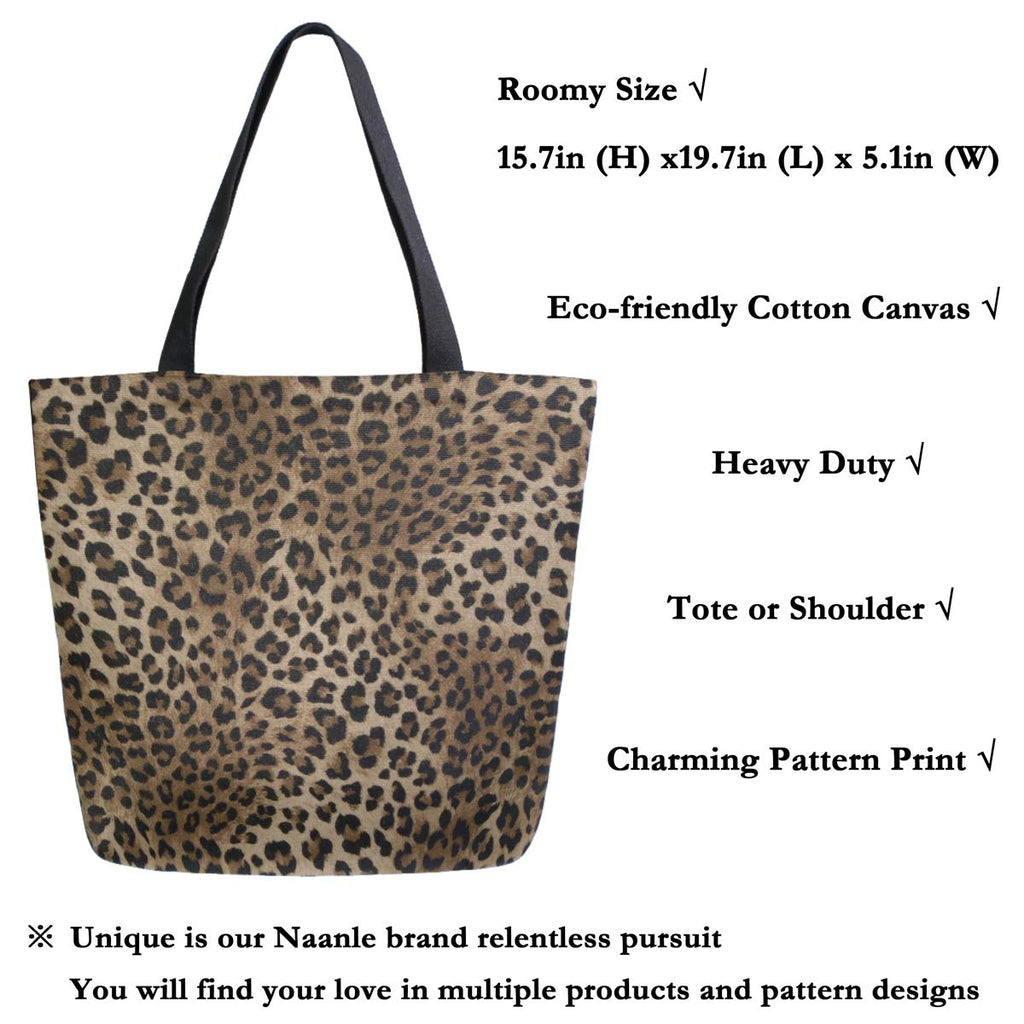 Naanle Animal Print Canvas Tote Bag Large Women Casual Shoulder Bag Handbag, Leopard Print Reusable Multipurpose Heavy Duty Shopping Grocery Cotton Bag for Outdoors.