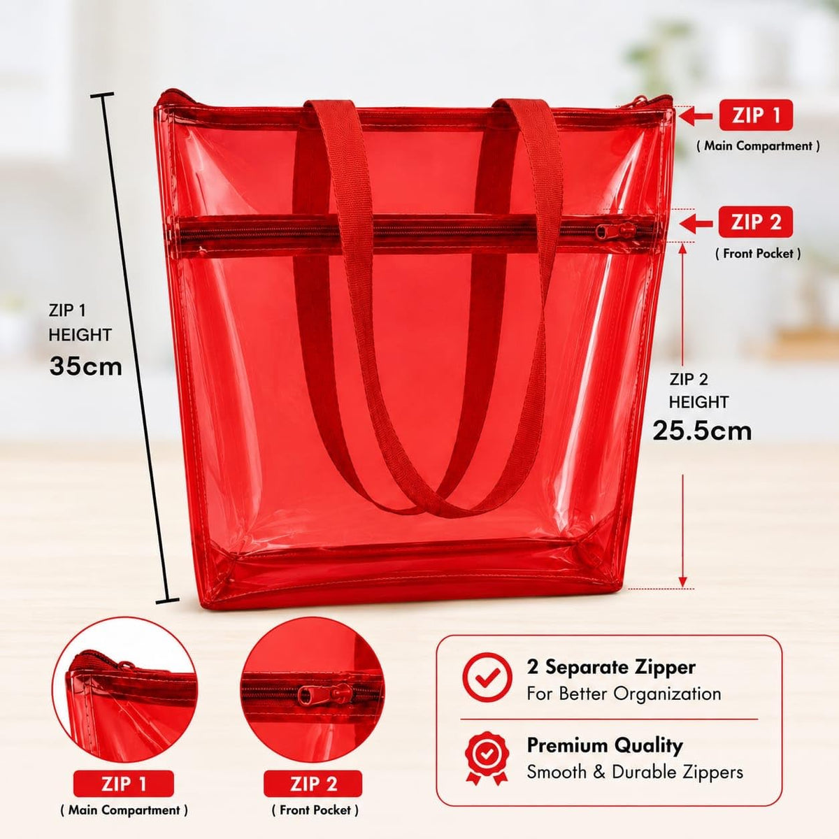 TERA 13 Transparent Tote Bag For Women & Girls, Clean PVC Shoulder Handbag, Waterproof Reusable Shopping Bag, Beach Bag, Travel Tote,Large Capacity Zipper Closure, Everyday Carry Bag (1 Pcs) (Red)