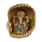 ARTVARKO Lord Ganesha Ganesh Sitting Inside Shankh Shell Brass with Multicolor Gemstone Handwork Idol Statue (LxBxH 5x3x 6 Inches)