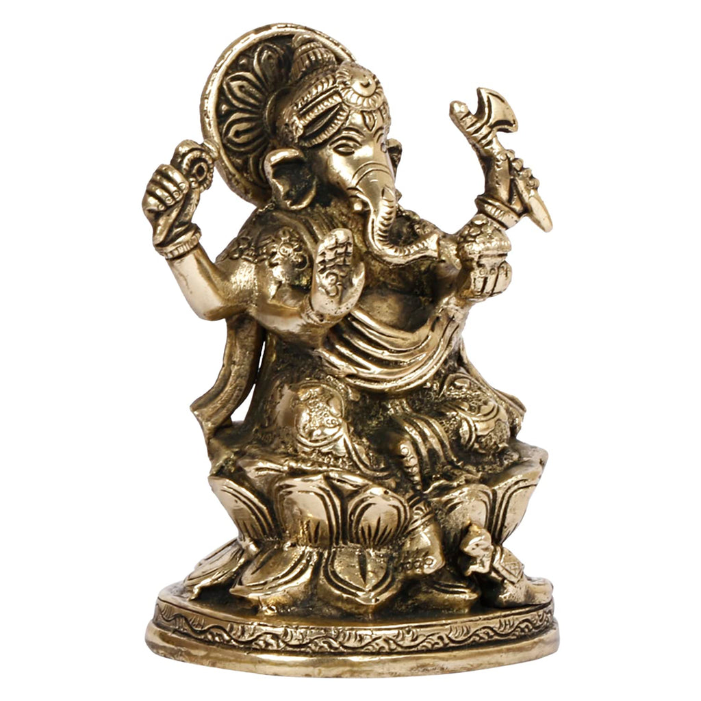 ARTVARKO Brass Ganesha Sitting on Lotus Ganesh Ganpati Murti Metal Statue for Home Office Entrance Decor Diwali Pooja 5 Inches
