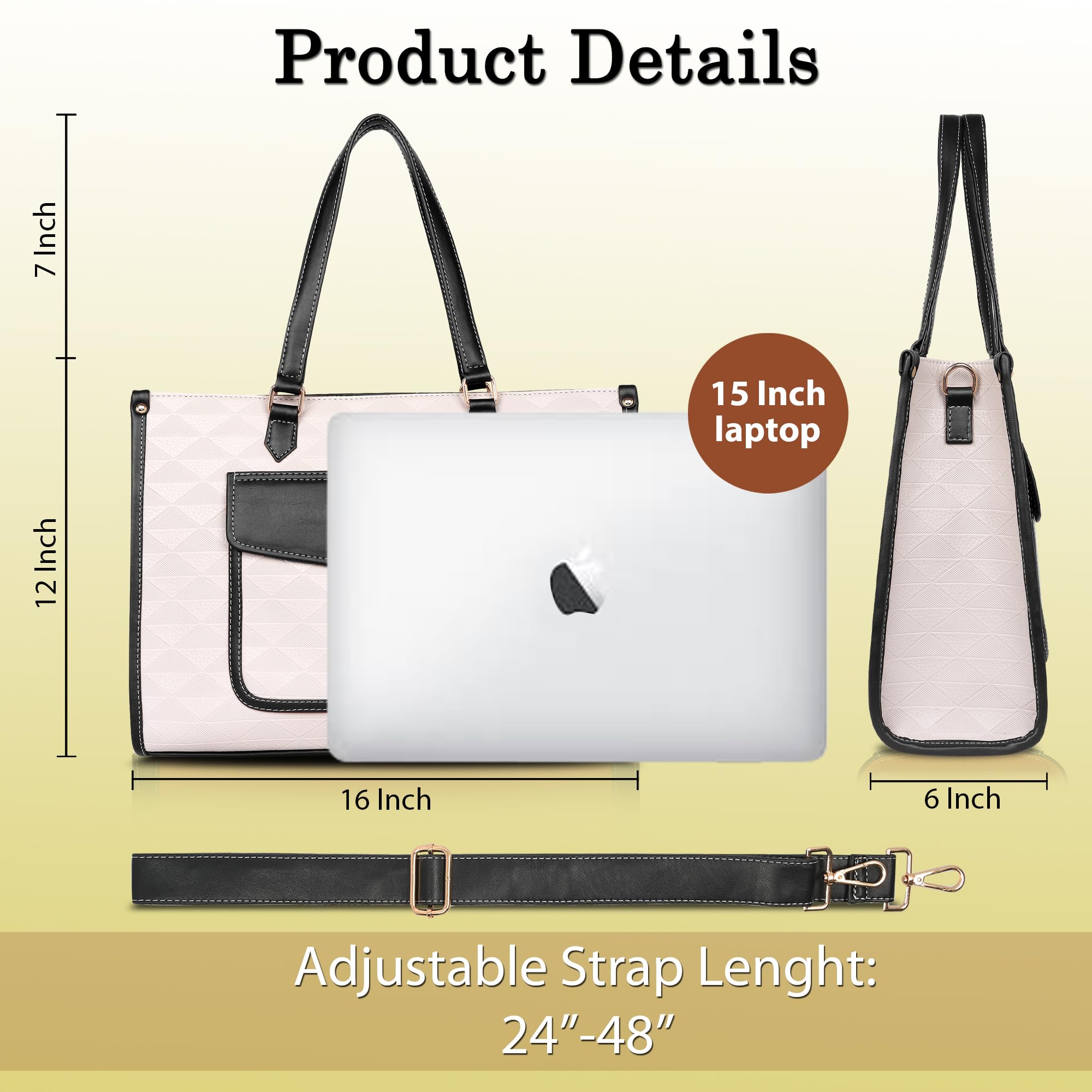 Womanix PU Laptop Tote Bags for Women with Front Pocket, Work Bag,15 inch tote for Women, Large Capacity Handbag for Office, School, Travel, Teacher Purse (Beige Black)