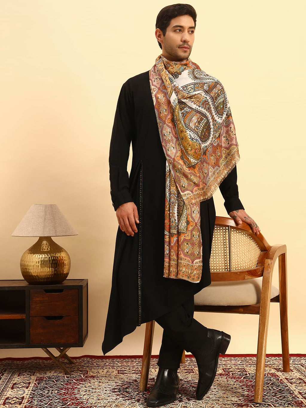 Pashmoda Men Royal Embers Fine Soft Bamboo Fibre Stole, Multicoloured Design, Evening Wrap, Luxury Pashmina Style Scarf, Wrap, Sustainable and Natural Fabric (Size 28x80, Mustard colour) MISST33