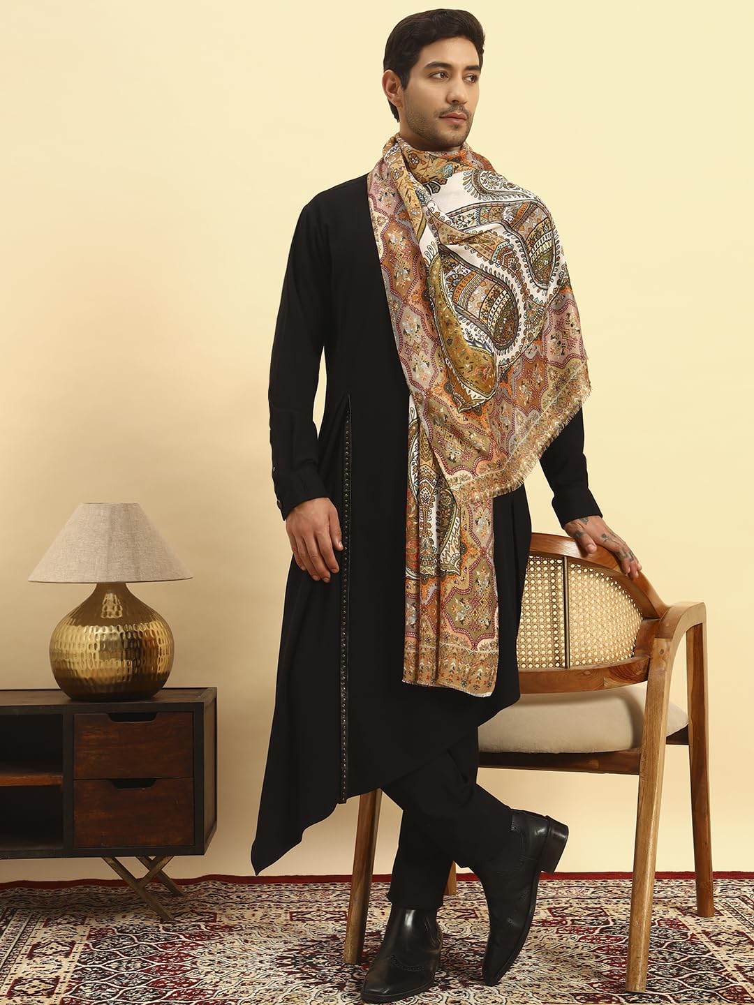 Pashmoda Men Royal Embers Fine Soft Bamboo Fibre Stole, Multicoloured Design, Evening Wrap, Luxury Pashmina Style Scarf, Wrap, Sustainable and Natural Fabric (Size 28x80, Mustard colour) MISST33