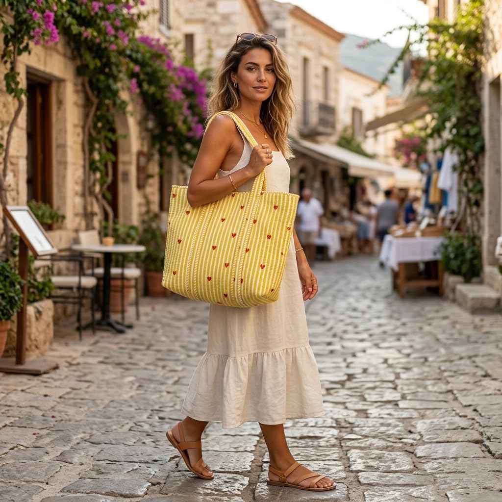 LOOMARTE Quilted Cotton Printed Tote Bag for Women & Girls - Yellow