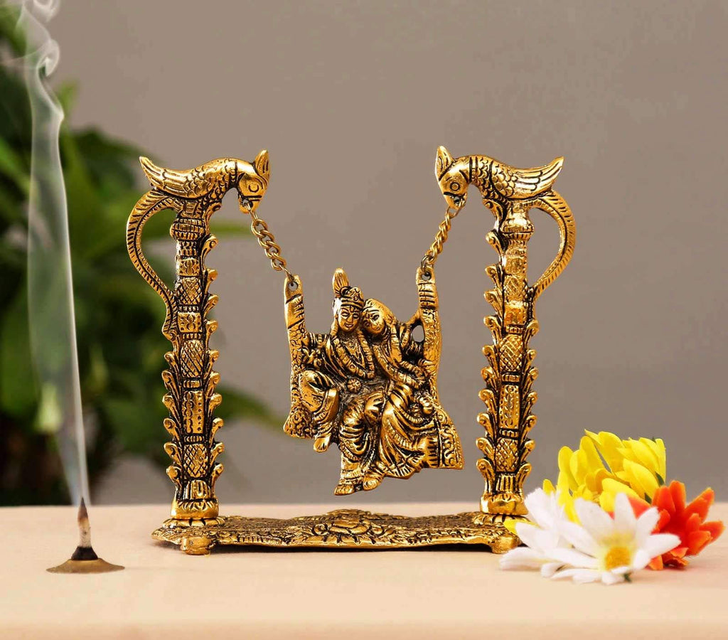 RCI Handicrafts Spiritual of Love Radha-Krishna Jhula Idol – Handcrafted Divine Swing Statue for Home Décor, Temple, Pooja Room & Auspicious Gifting on Festivals (Golden)