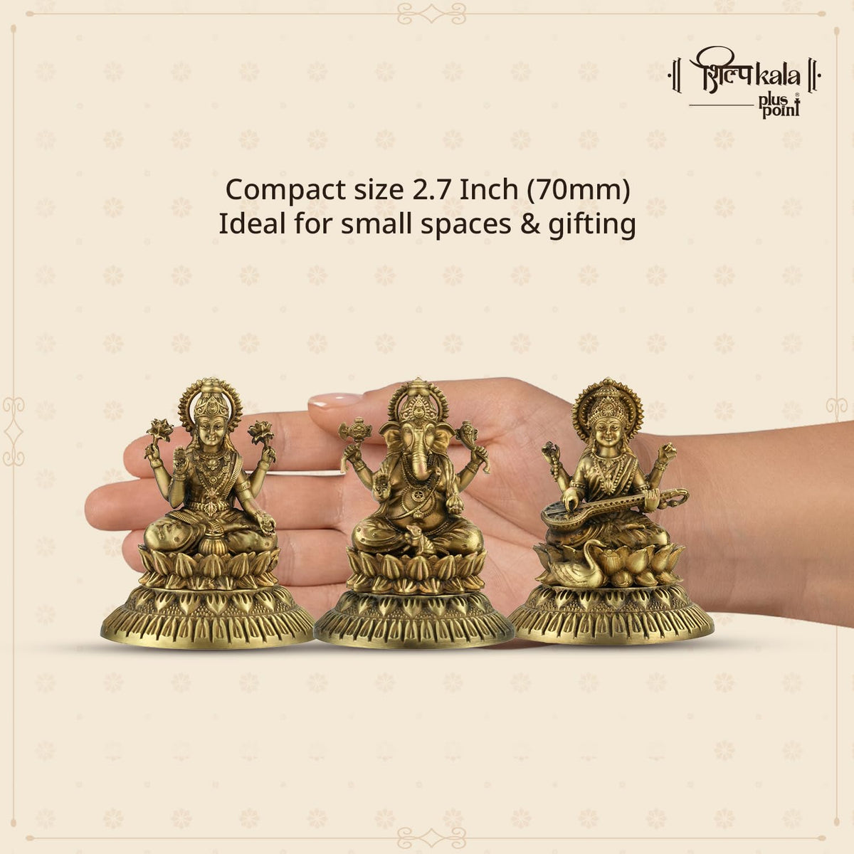 Shilpkala Ganesh, Laxmi & Saraswati Ji Brass Idol 2.7 Inch - Decorative Brass Items for Temple & Home, Spiritual Gift Item for Wedding & Farewell, Statue for Daily Worship (Coffee Antique)