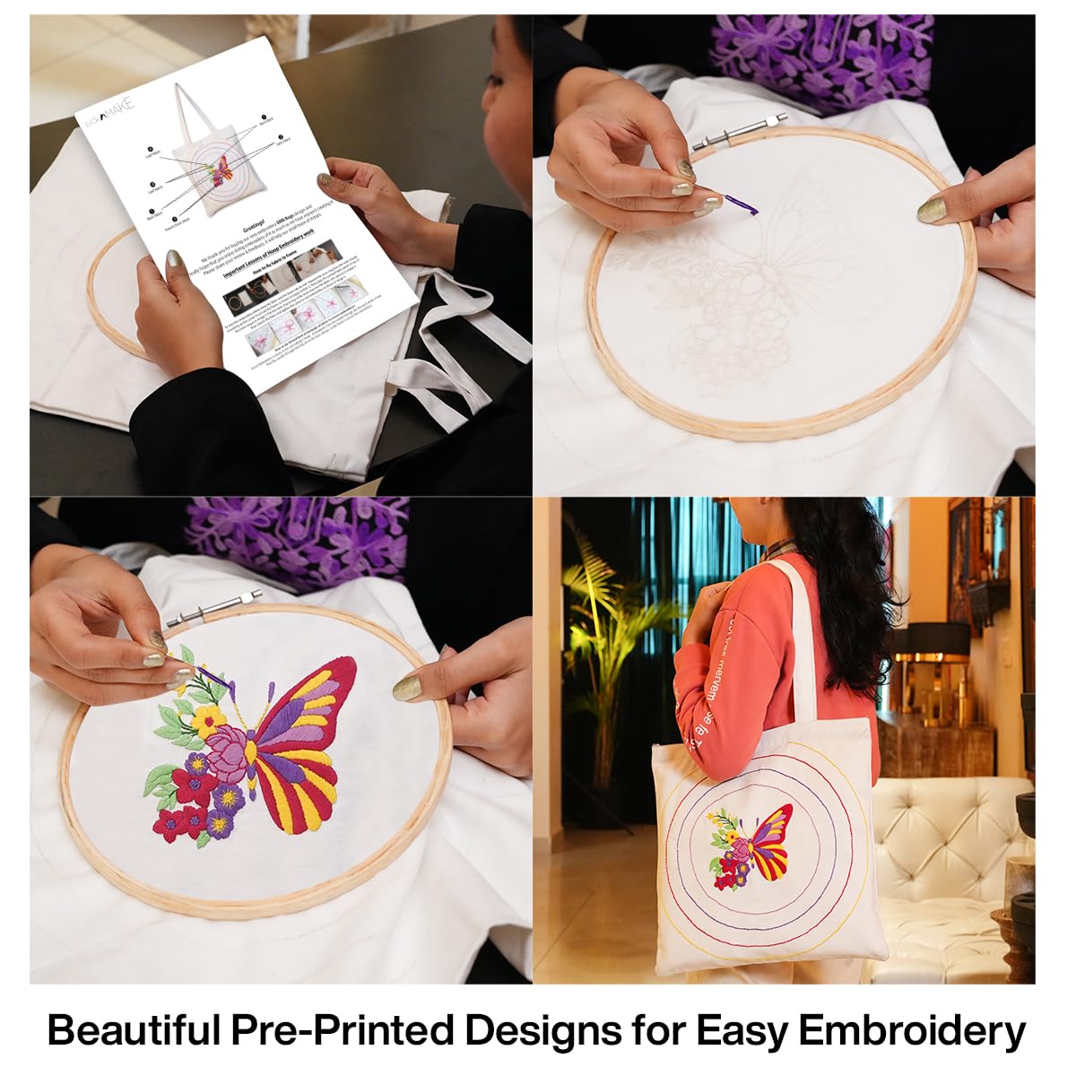 picknMAKE DIY Aesthetic & Stylish Embroidery Tote Bags for Women Office use with Zip – Stylish Cotton Canvas Tote Handbags for College, Office, and Everyday Use