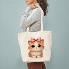 Heu Cute Cat Printed Canvas Tote Bag with Bow | Eco-Friendly Reusable Cotton Shoulder Bag | Aesthetic Cartoon Shopping Tote for Women & Girls