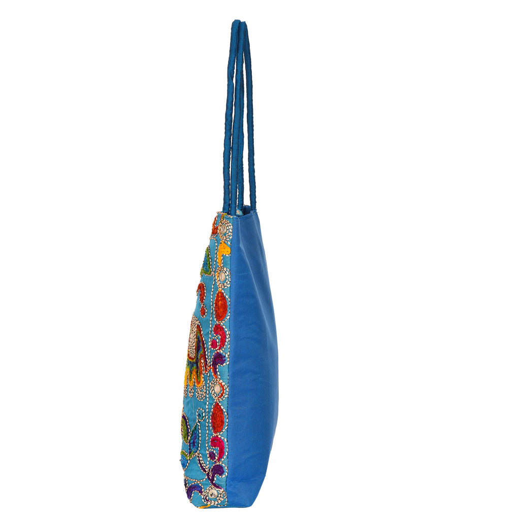Craft Trade Women's Sky Blue Cotton Tote Bag with Zip Closure Elephant Printe Embroidered Shopping Bags - 38x34x5 CM