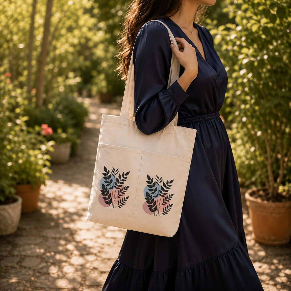 Suryatra Botanical Canvas Tote Bag for Women & Men | Premium Cotton Canvas Shoulder Bag with Dual Front Pockets | Tote Bag for Office, College, Shopping & Travel | Natural | 14 x 16 Inches