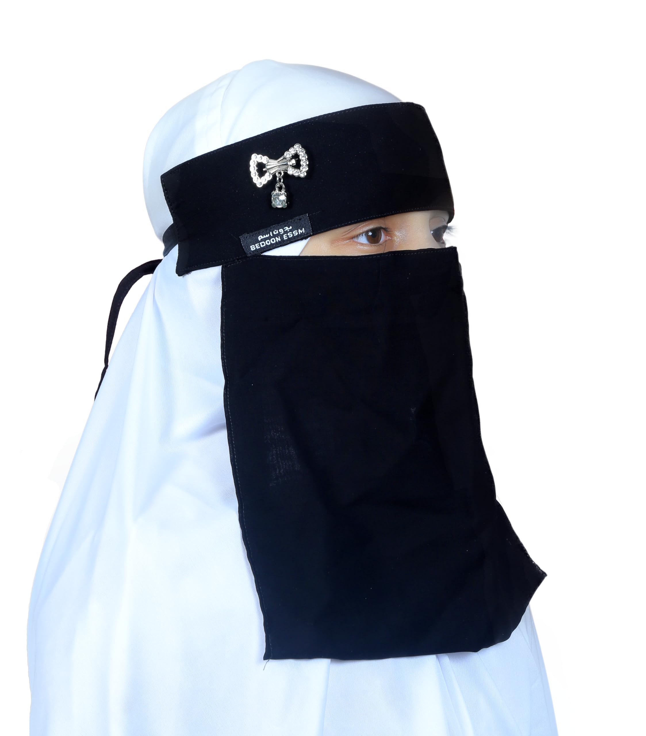 AL RIDHA Women's Babussalam Fabric Fashion Nosepiece One‑Layer Half Hijab Pendant Design Saudi Niqab for Muslim Women and Girls, Black (Silver Bow Pendant)