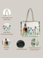 Anekaant Kooky Floral Embroidered Tote Bag for Women| Large Off White Jacquard Shoulder Bag | Perfect for College, Office & Everyday Use