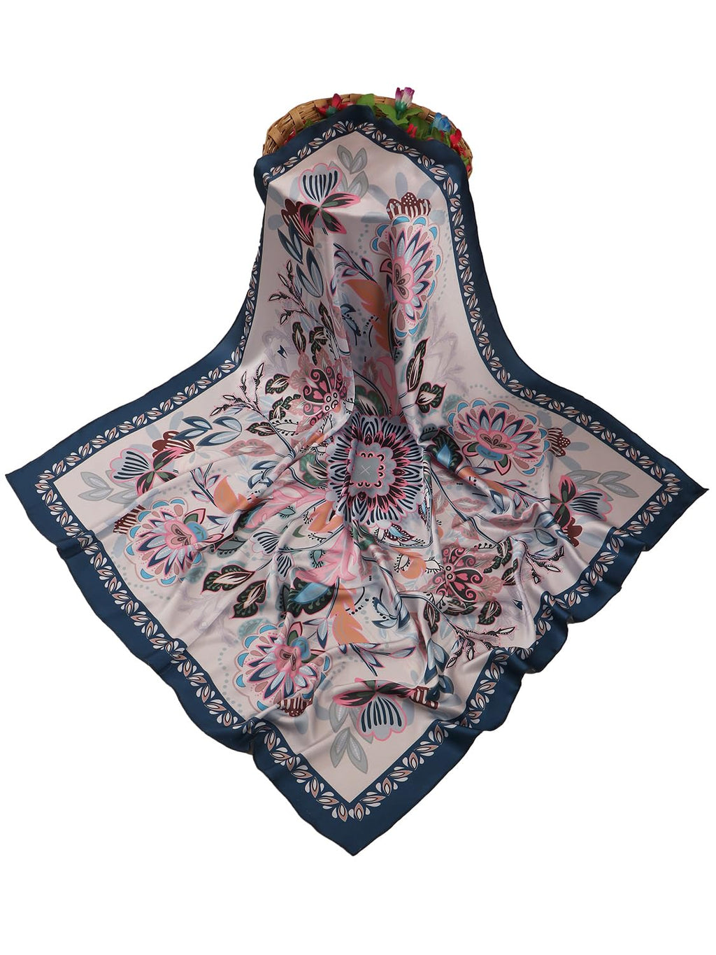 leeza store Women's Silk Scarf For Women – Soft Cream Digital Printed Floral Folk Art, 40X40 Stylish Stole & Headscarf