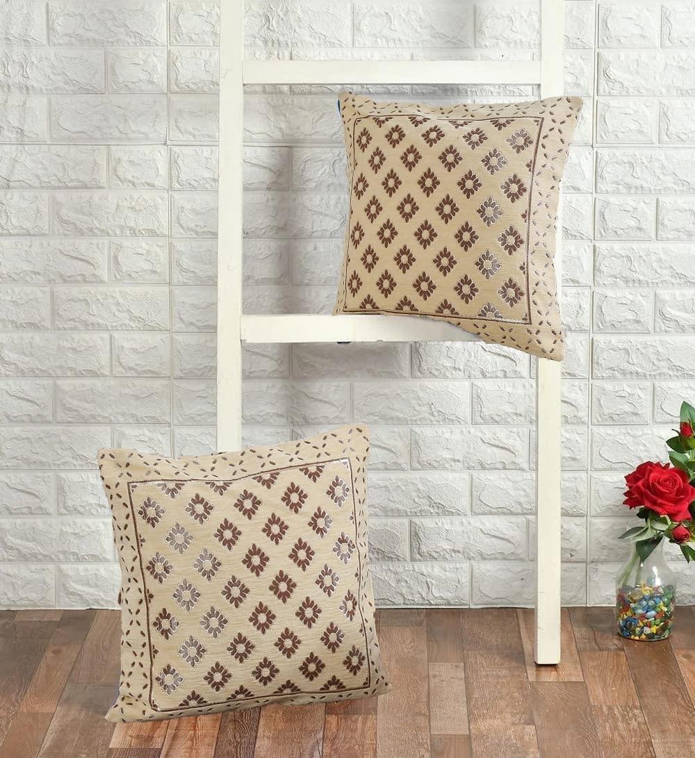 DECOMIZER Jacquard Geomteric Cushion Covers 16 inch x 16 inch Set of 2 Ethnic Motifs Cushion Covers,Design- Diamond,Color- Cream-240 TC
