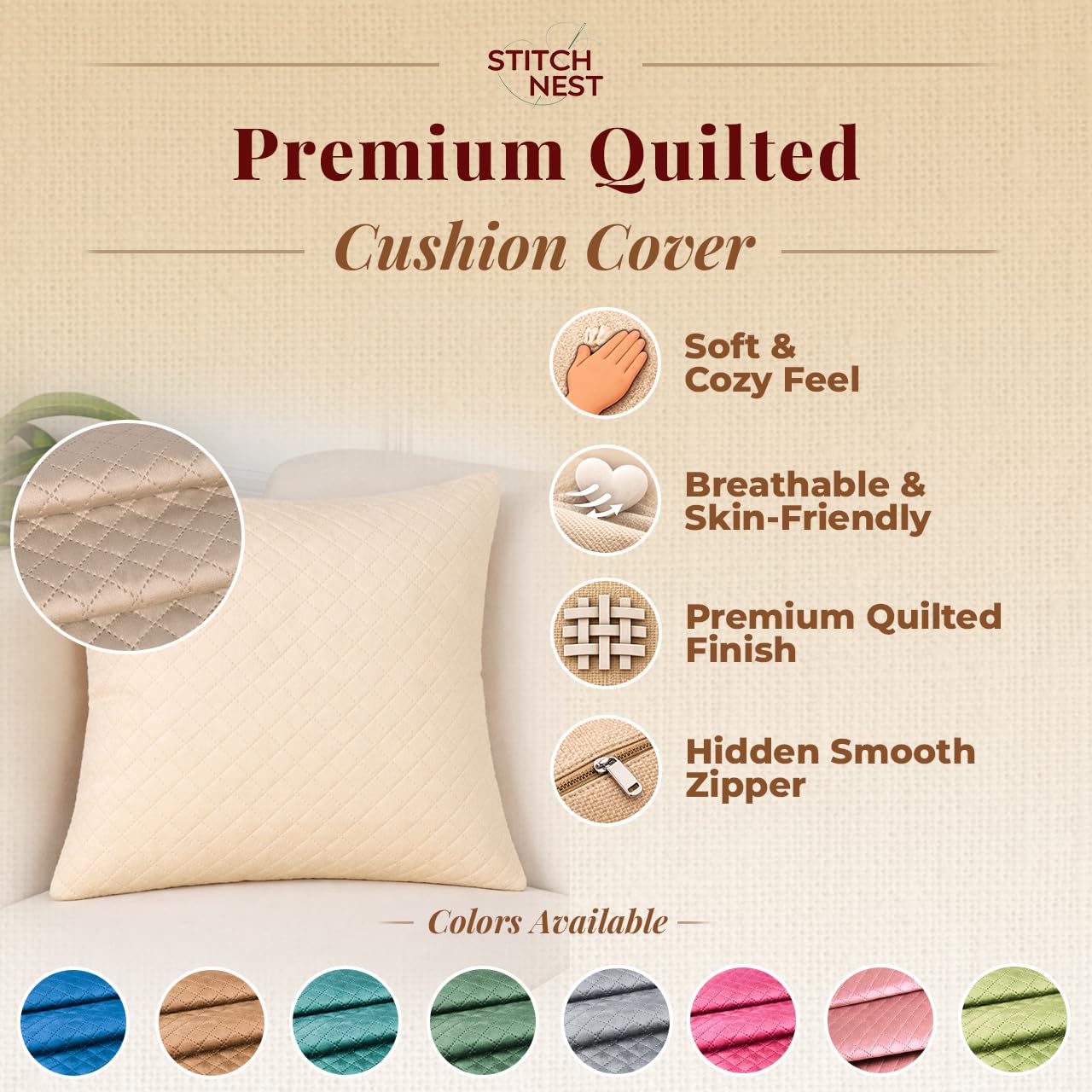 STITCHNEST Quilted Velvet Cushion Covers Set of 5 | Soft Maroon | 18x18 Inches | Premium Sofa & Living Room Décor