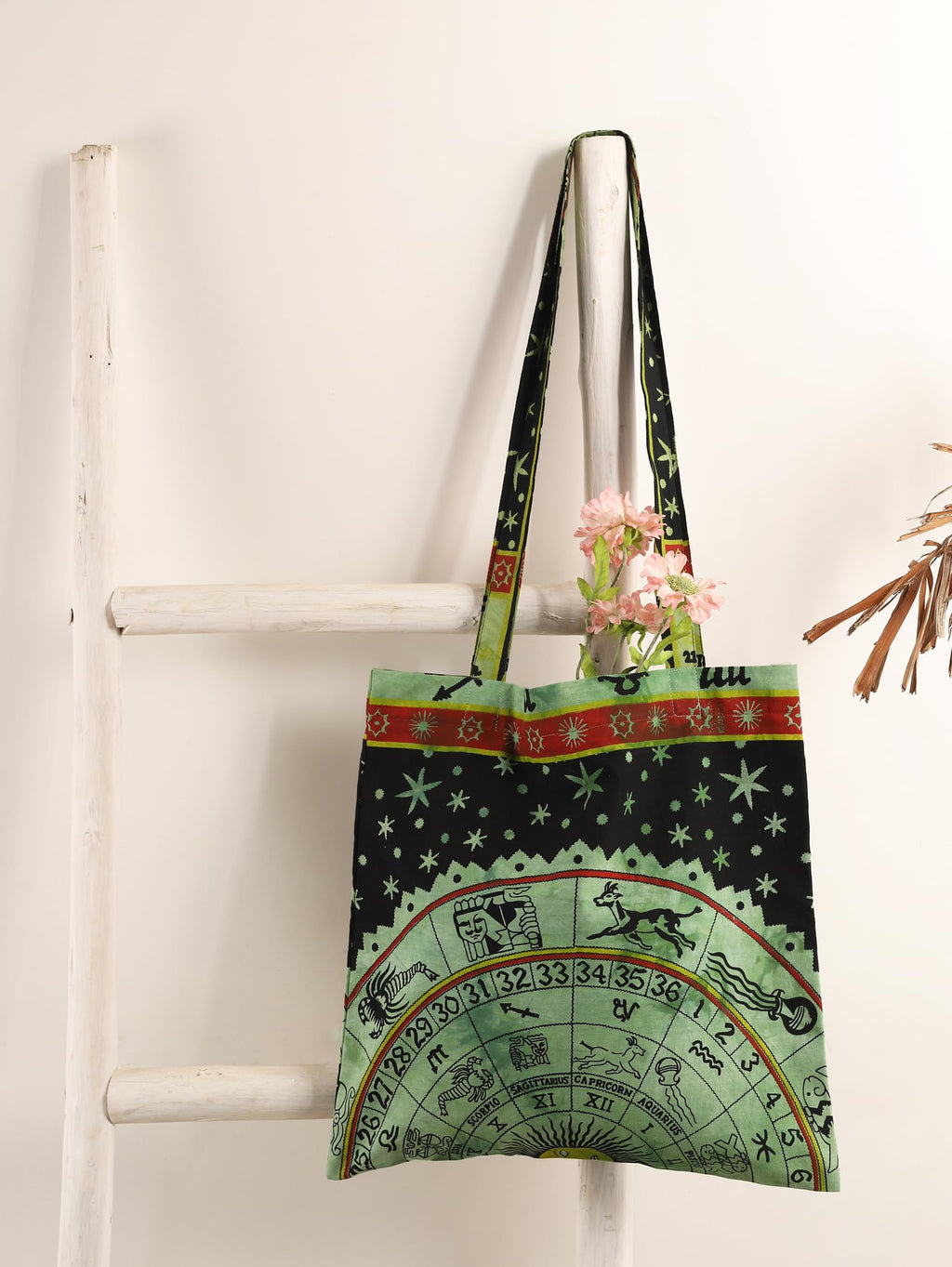 Ravaiyaa - Attitude is everything Cotton Shoulder Bag/Tote Bag For Women| Printed Multipurpose Handbag With Top Zip | Best For Shopping, Travel, Work, Beach, Office, College (Green & Black Astrology)