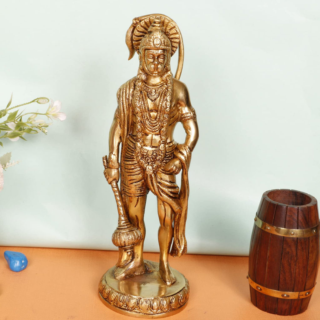 ARTVARKO Brass Hanuman Statue Idol Bajrangbali Bhagwan Sankat Mochan Standing Murti for Home Office Entrance Décor Temple Mandir Puja Gift 10 Inch.