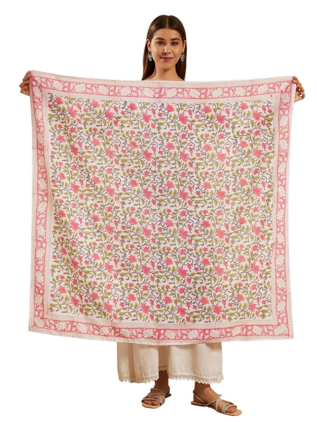 Ravaiyaa - Attitude is everything Sanganer Hand Block Printed Scarves Pure Cotton Scarf Square Hijab Dupatta 40 X 40 Inch (Green Pink Floral)