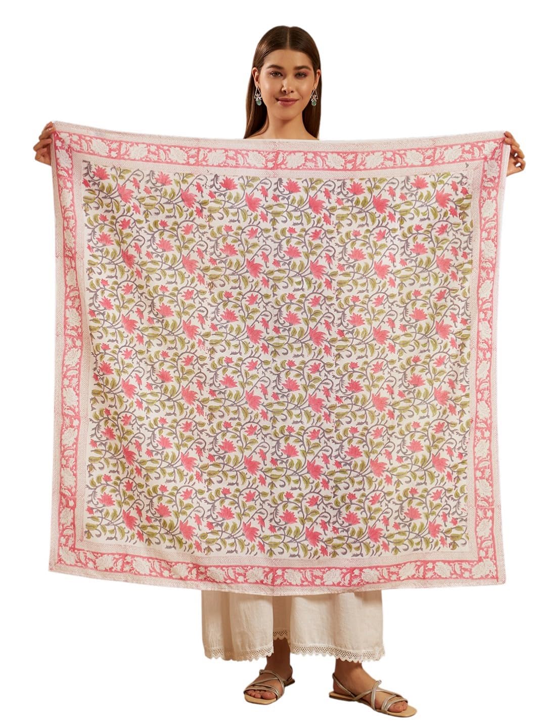 Ravaiyaa - Attitude is everything Sanganer Hand Block Printed Scarves Pure Cotton Scarf Square Hijab Dupatta 40 X 40 Inch (Green Pink Floral)