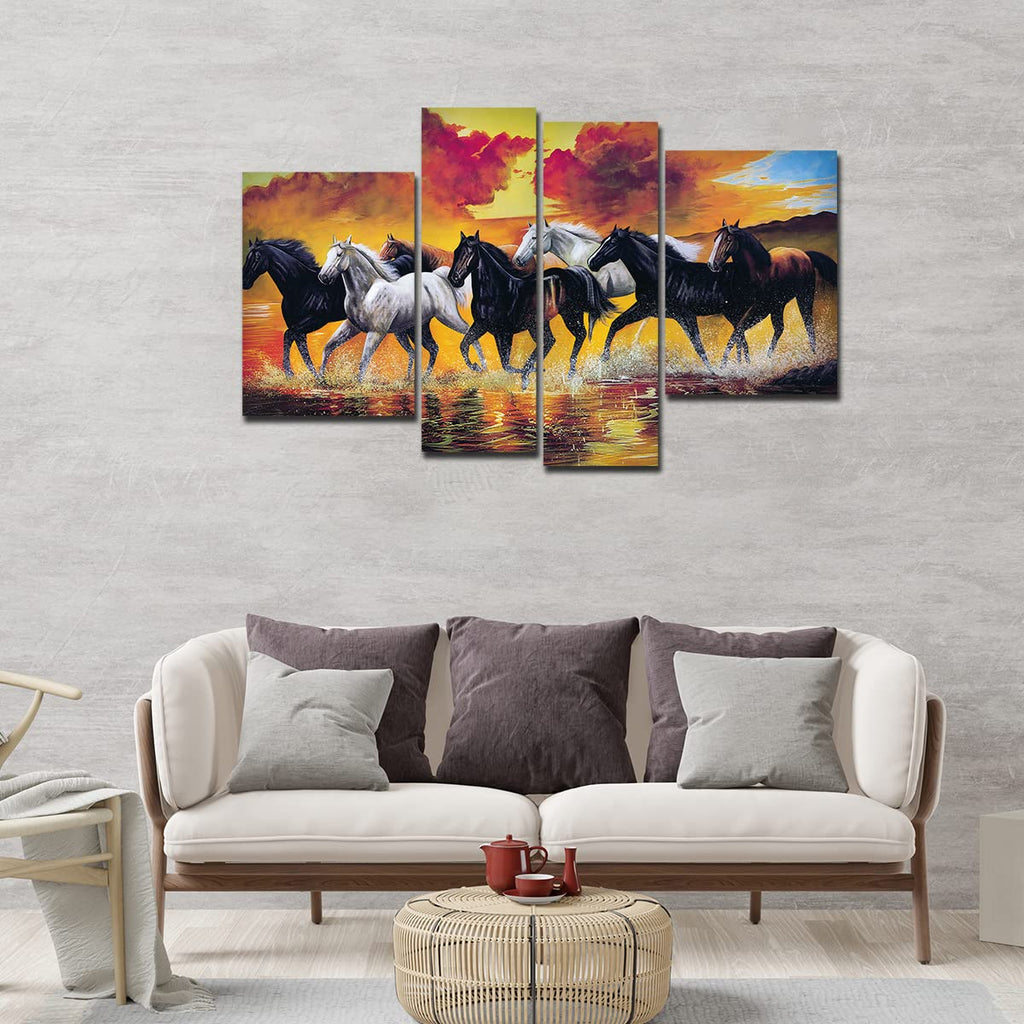 VIBECRAFTS Horses Running Through The Splashes Of Water 4 Pieces Canvas Wall Painting Fitted With Wooden Frame For Home | Office | Living Room |Gifts(PTVC4Pcs2_14503)