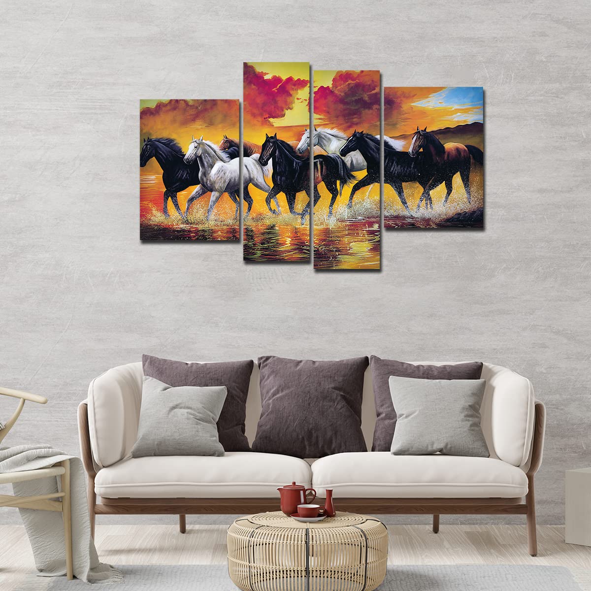 VIBECRAFTS Horses Running Through The Splashes Of Water 4 Pieces Canvas Wall Painting Fitted With Wooden Frame For Home | Office | Living Room |Gifts(PTVC4Pcs2_14503)