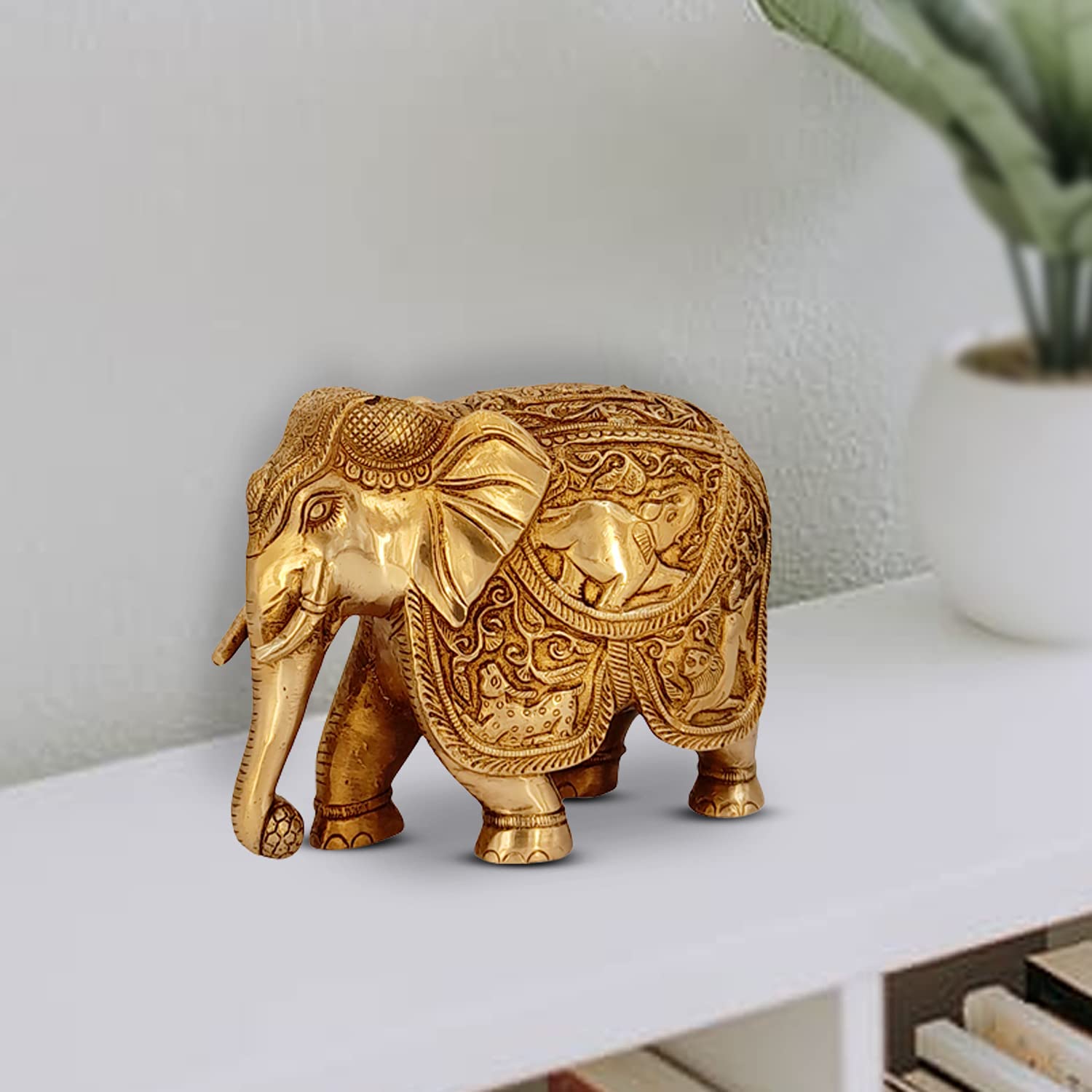 ARTVARKO Brass Elephant Trunk Down Ganesha & Animals Carving Vastu Hathi for Good Luck Success Prosperity Home Decor Gift | (LxWxH): 8x4x5.5 Inches Weight 3.2 Kg