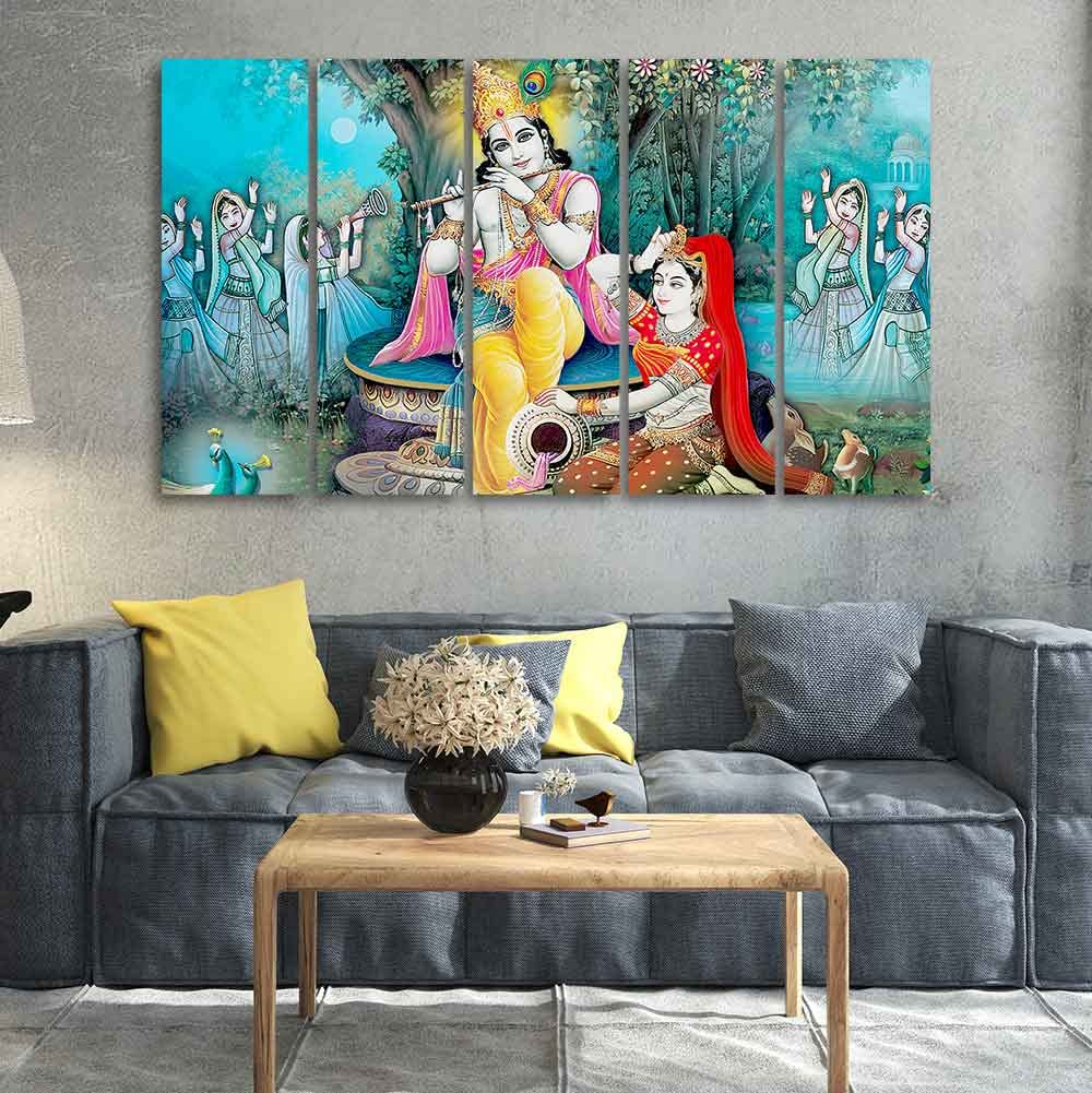 VIBECRAFTS Hindu Radha Krishna Wall Painting Set of Five Pieces For Home|Office|Living Room|Gift (PTVC5Pcs4_8677)