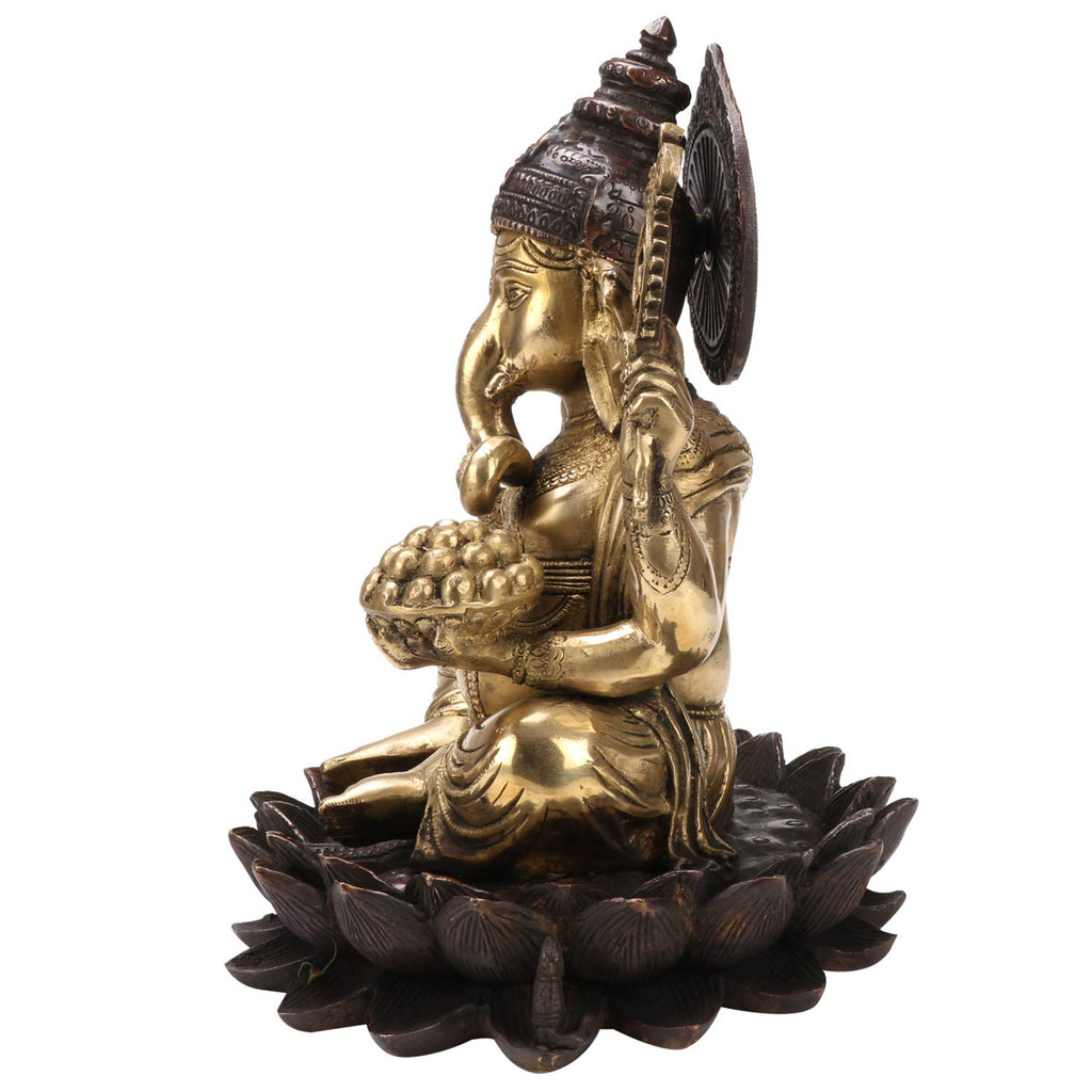 SVARUP Brass Mangalkari Ganesha Sitting On Lotus Bhagwan Idol Ganesh Statue Ganpati Murti for Home Entrance Decor Diwali Gift Height 12 Inch