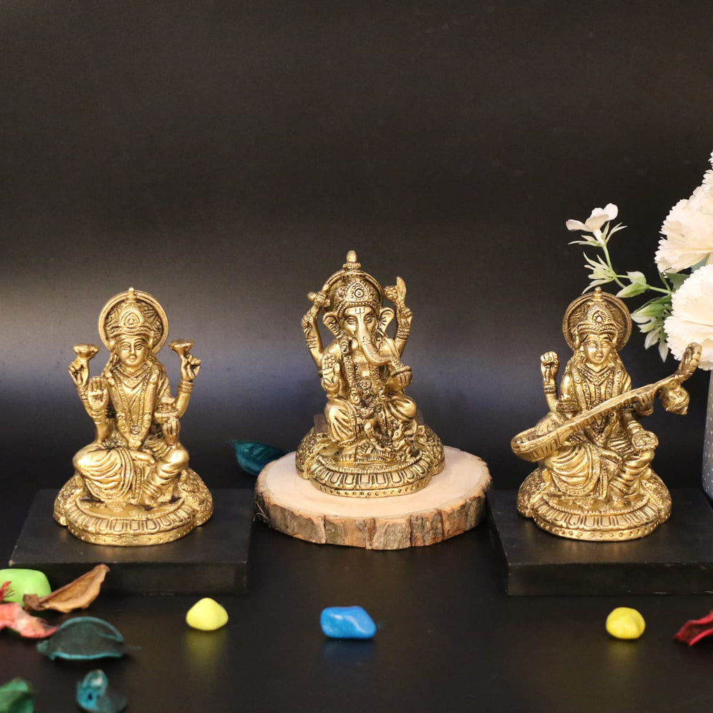 ARTVARKO Brass Laxmi Ganesha Saraswati Idol Statue Spiritual Sculpture Puja Vastu Showpiece Religious Murti Pooja Gift and Home Décor.