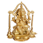 Artvarko Brass Ganesh Idol Ganesha Diya with Hanging Bells 5 Diyas Table Oil lamp Burner Diwali Pooja Home Decor Height 9 Inches