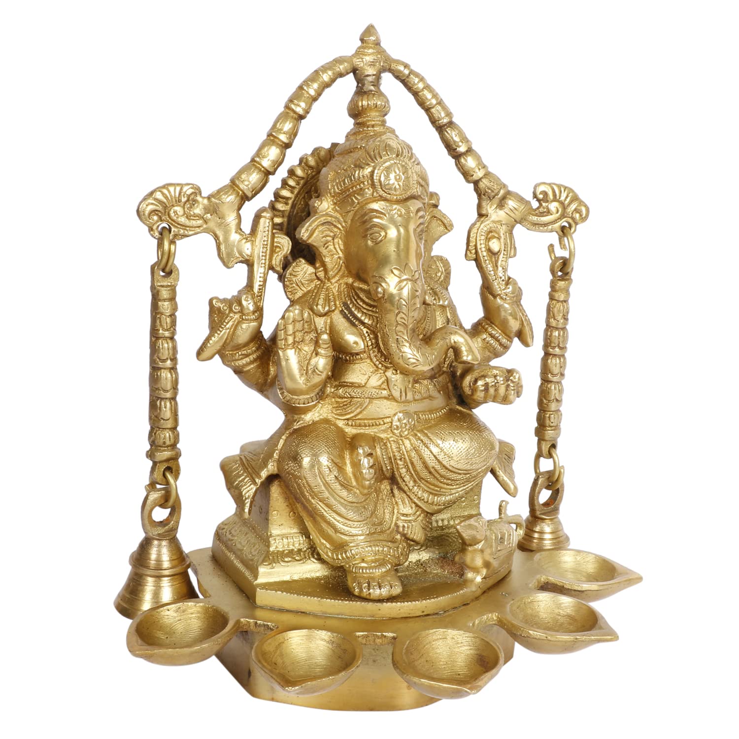 Artvarko Brass Ganesh Idol Ganesha Diya with Hanging Bells 5 Diyas Table Oil lamp Burner Diwali Pooja Home Decor Height 9 Inches